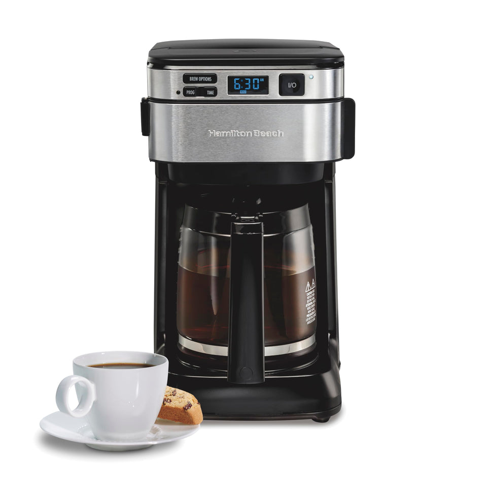 Hamilton Beach FrontFill 12-Cup Coffee Maker in front view, compact for small kitchens.