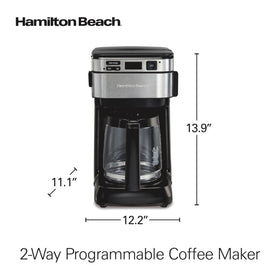 Hamilton Beach FrontFill compact footprint fits under cabinets while delivering 12 cups.