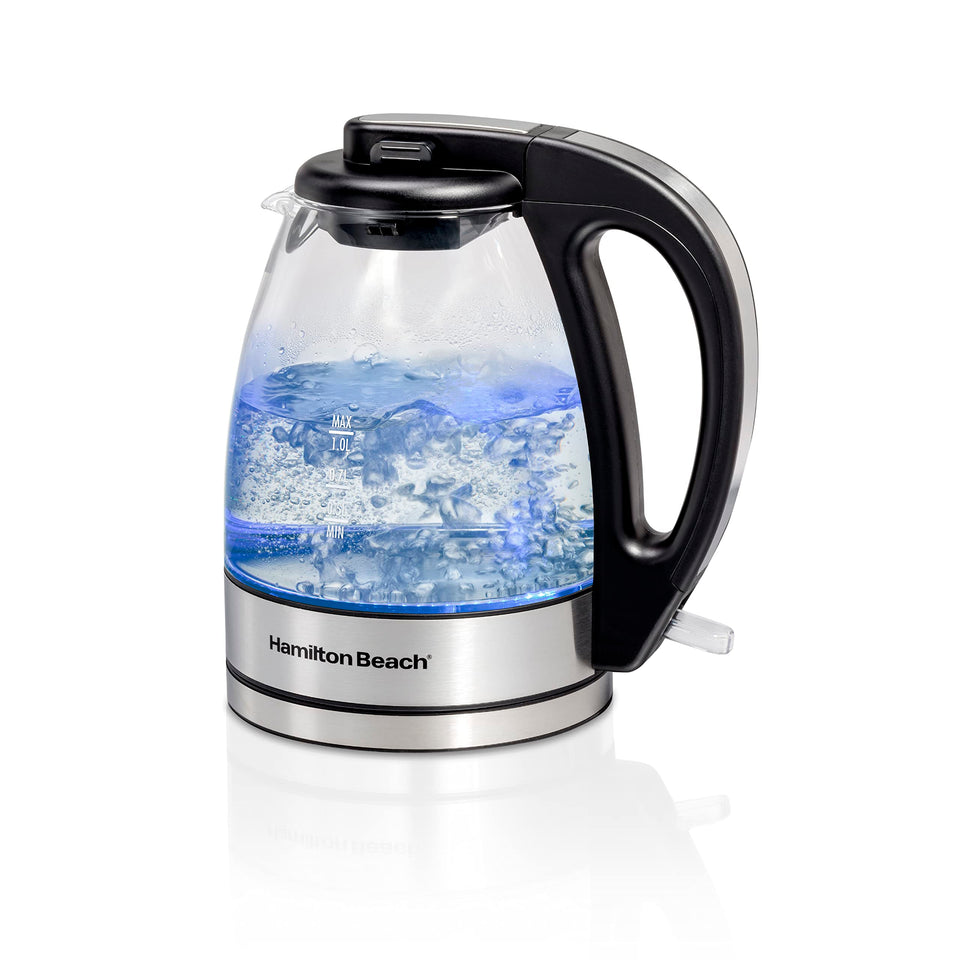 Hamilton Beach glass kettle 1L ready for quick tea or coffee preparation