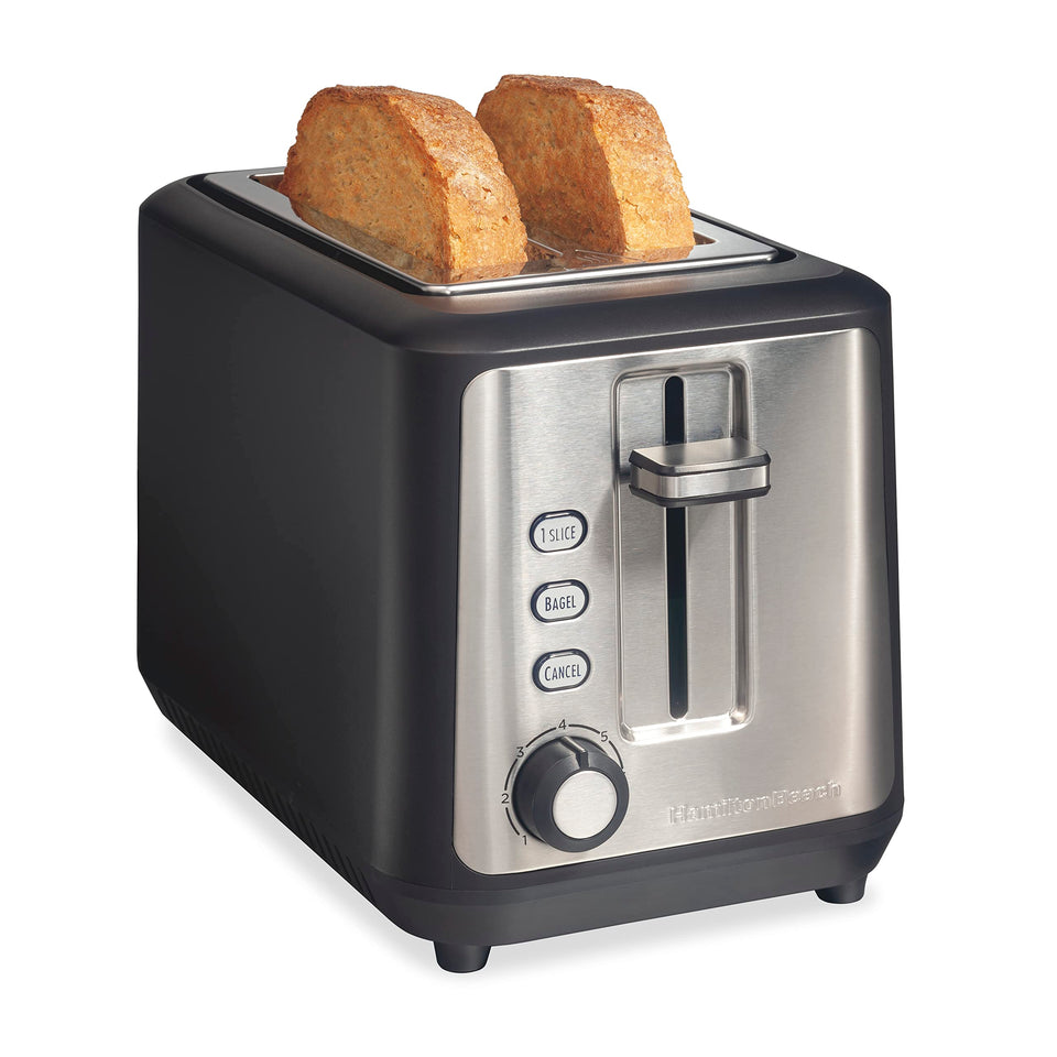 Hamilton Beach Gourmet 2-Slice Toaster front view in matte black and stainless for a compact counter appliance.