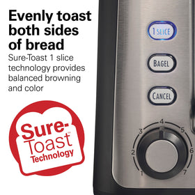 Hamilton Beach Gourmet 2-Slice Toaster side view showing long 6.5-inch slots for bakery breads.