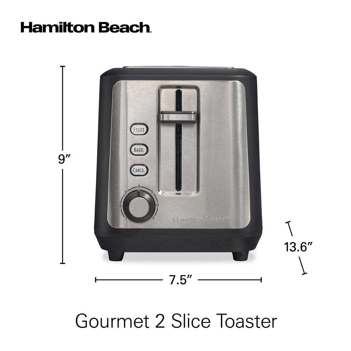 Hamilton Beach gourmet toaster on kitchen counter with matte black and stainless finish.