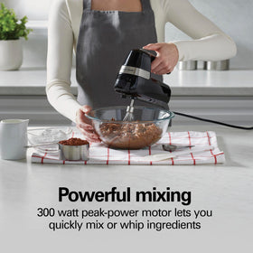 Hamilton Beach hand mixer powered by a 300-watt motor for quick results.