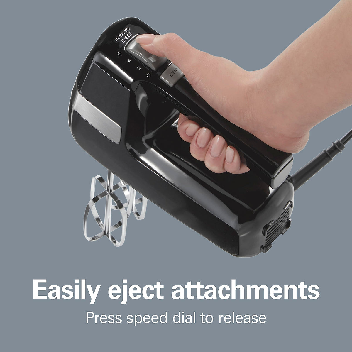 Hamilton Beach hand mixer in compact design for space-saving storage.