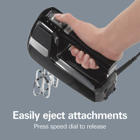 Hamilton Beach hand mixer in compact design for space-saving storage.