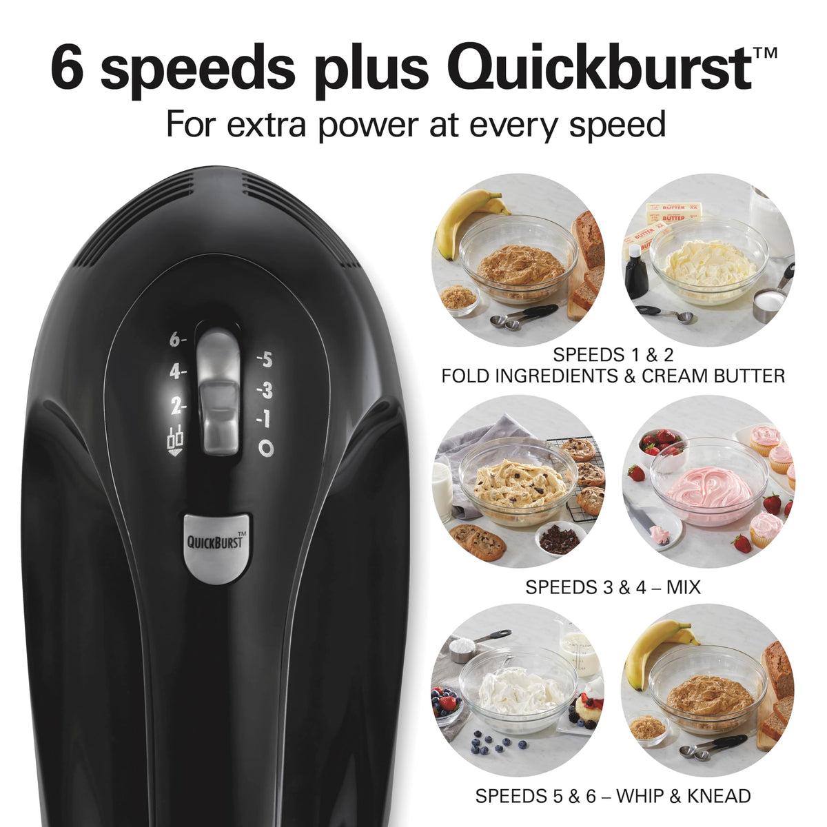 Hamilton Beach hand mixer showing eject button for easy attachment removal.