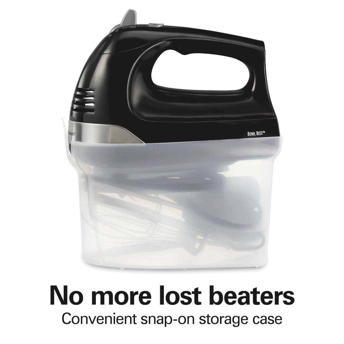 Hamilton Beach hand mixer storage case keeping attachments organized.