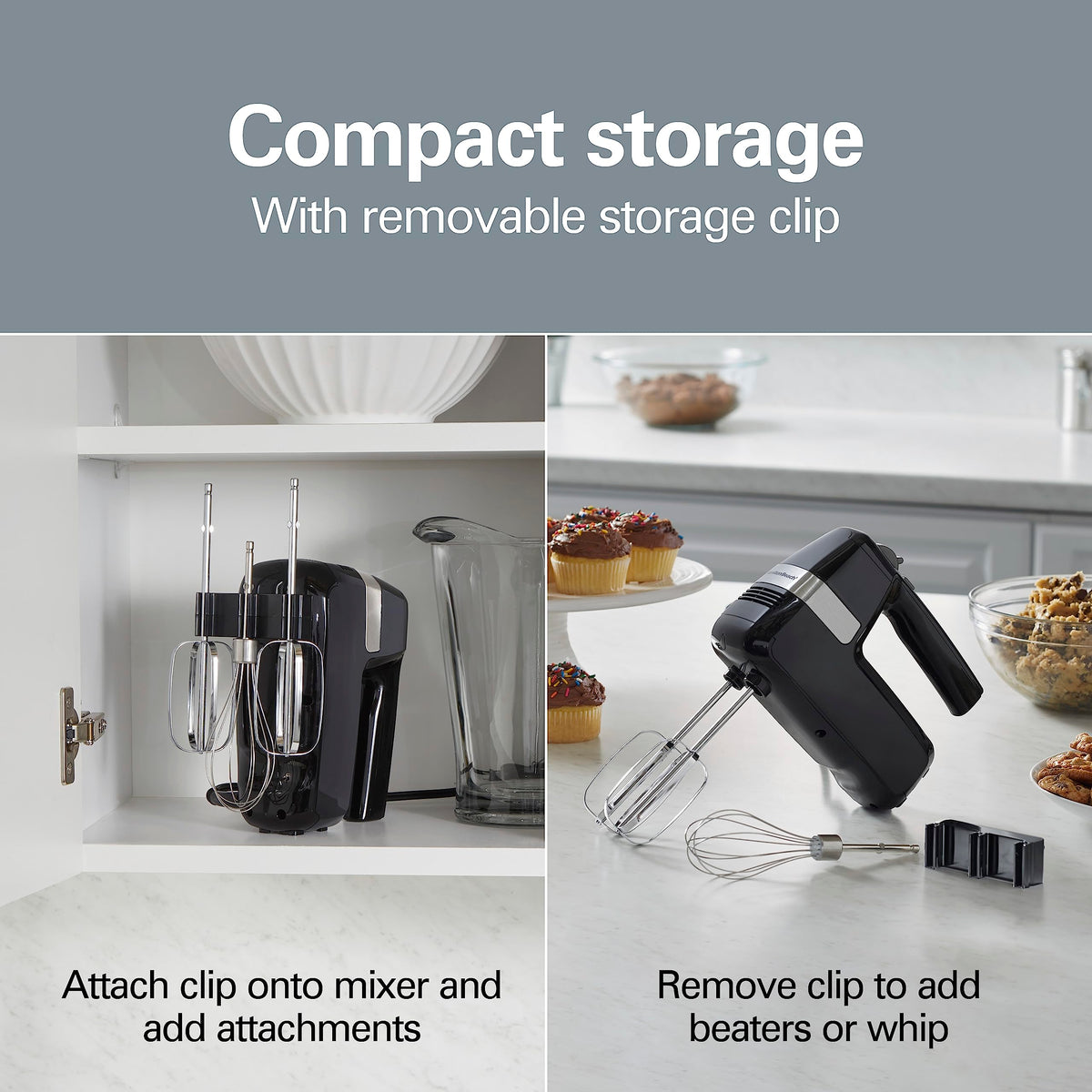 Hamilton Beach hand mixer with removable storage clip for easy storage.