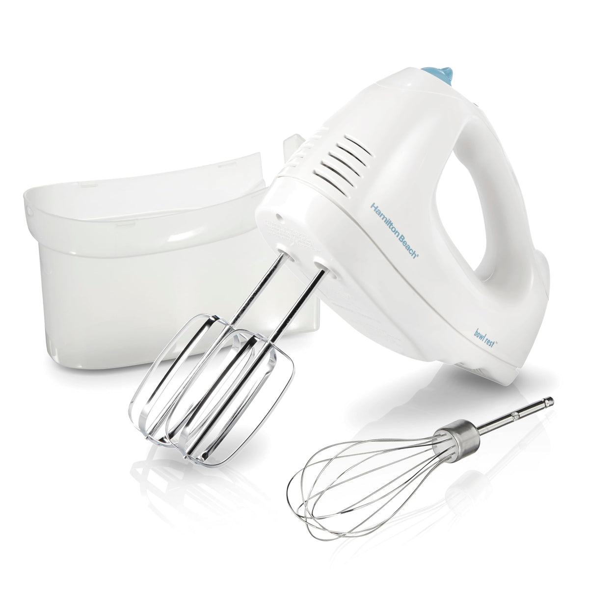 Hamilton Beach hand mixer with whole unit on countertop for easy baking prep