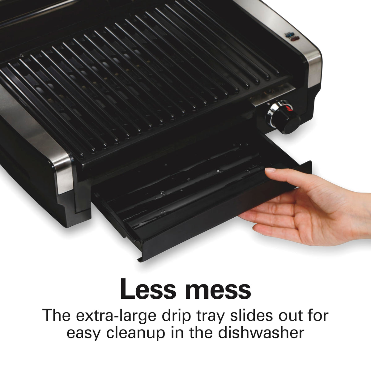 Hamilton Beach extra-large drip tray keeps cooking area tidy.