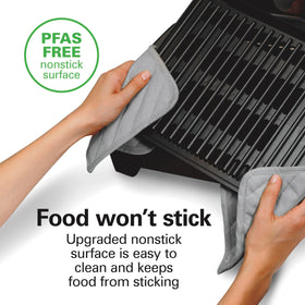 Hamilton Beach PFAS-free nonstick grate prevents sticking for easy cleanup.