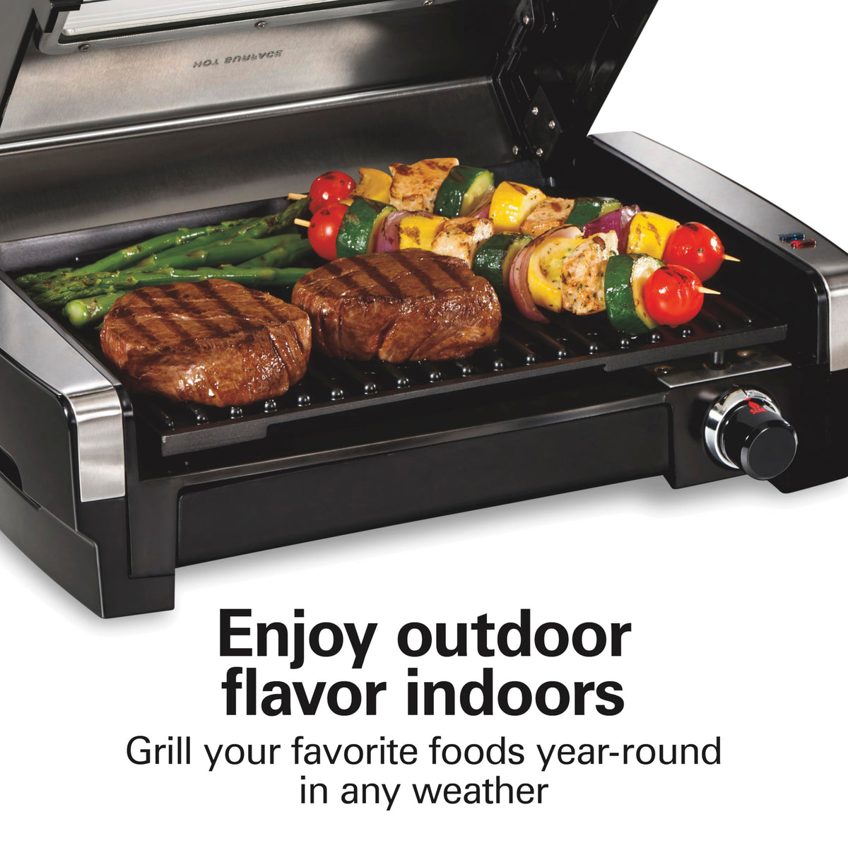 Hamilton Beach indoor grill sears at 450°F to lock in juices and flavor.