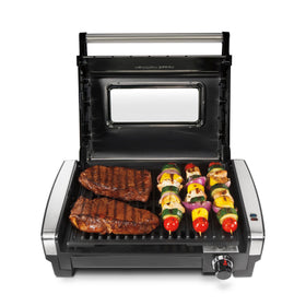 Hamilton Beach indoor grill with viewing window shows progress while cooking.