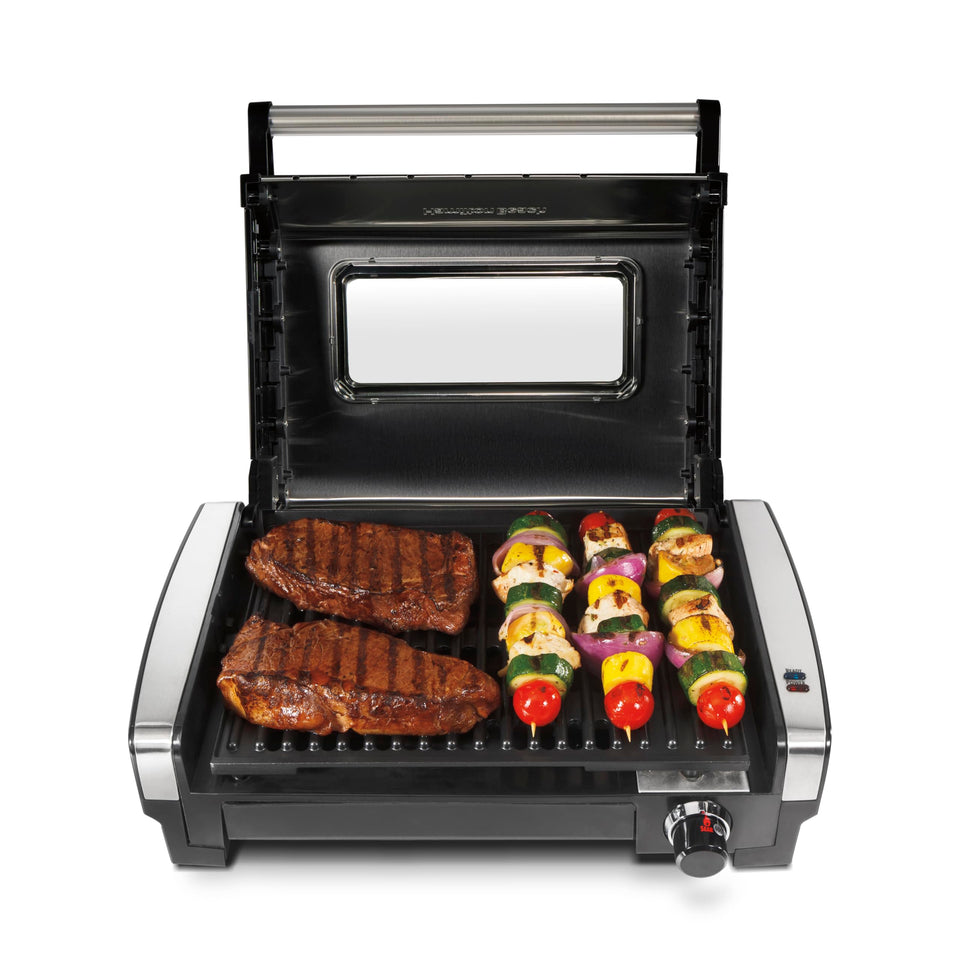 Hamilton Beach indoor grill with viewing window shows progress while cooking.