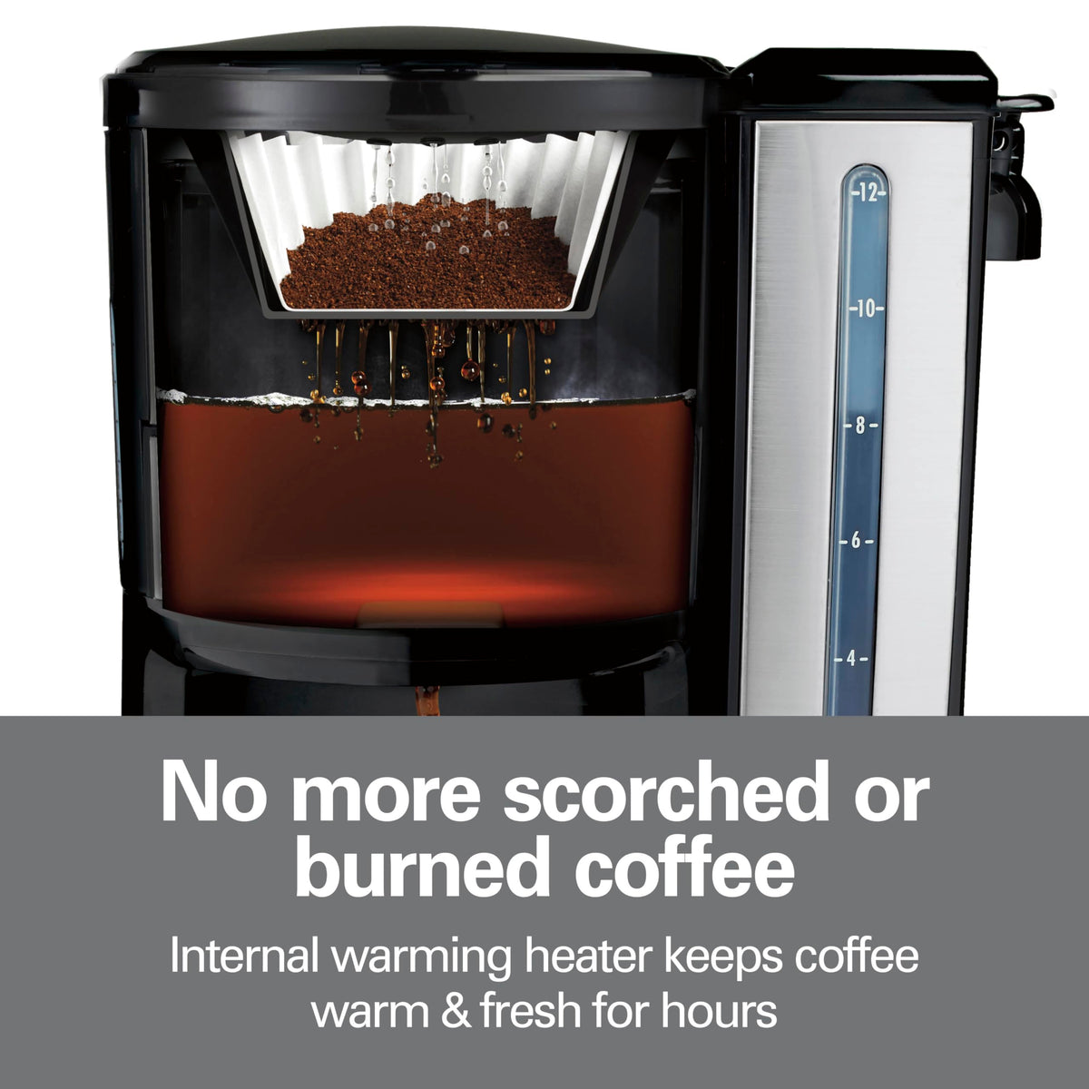Internal warming heater keeps coffee hot without a carafe for hours.