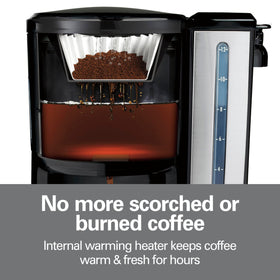 Internal warming heater keeps coffee hot without a carafe for hours.