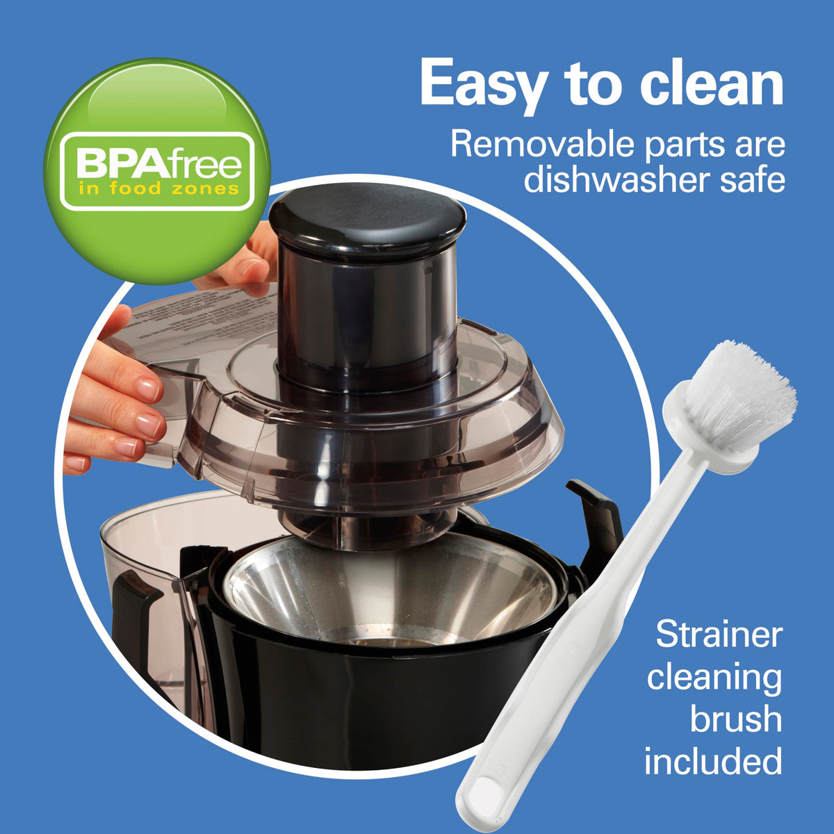 Hamilton Beach juicer 80 oz pulp bin helps manage waste during batches.