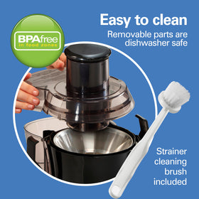 Hamilton Beach juicer 80 oz pulp bin helps manage waste during batches.