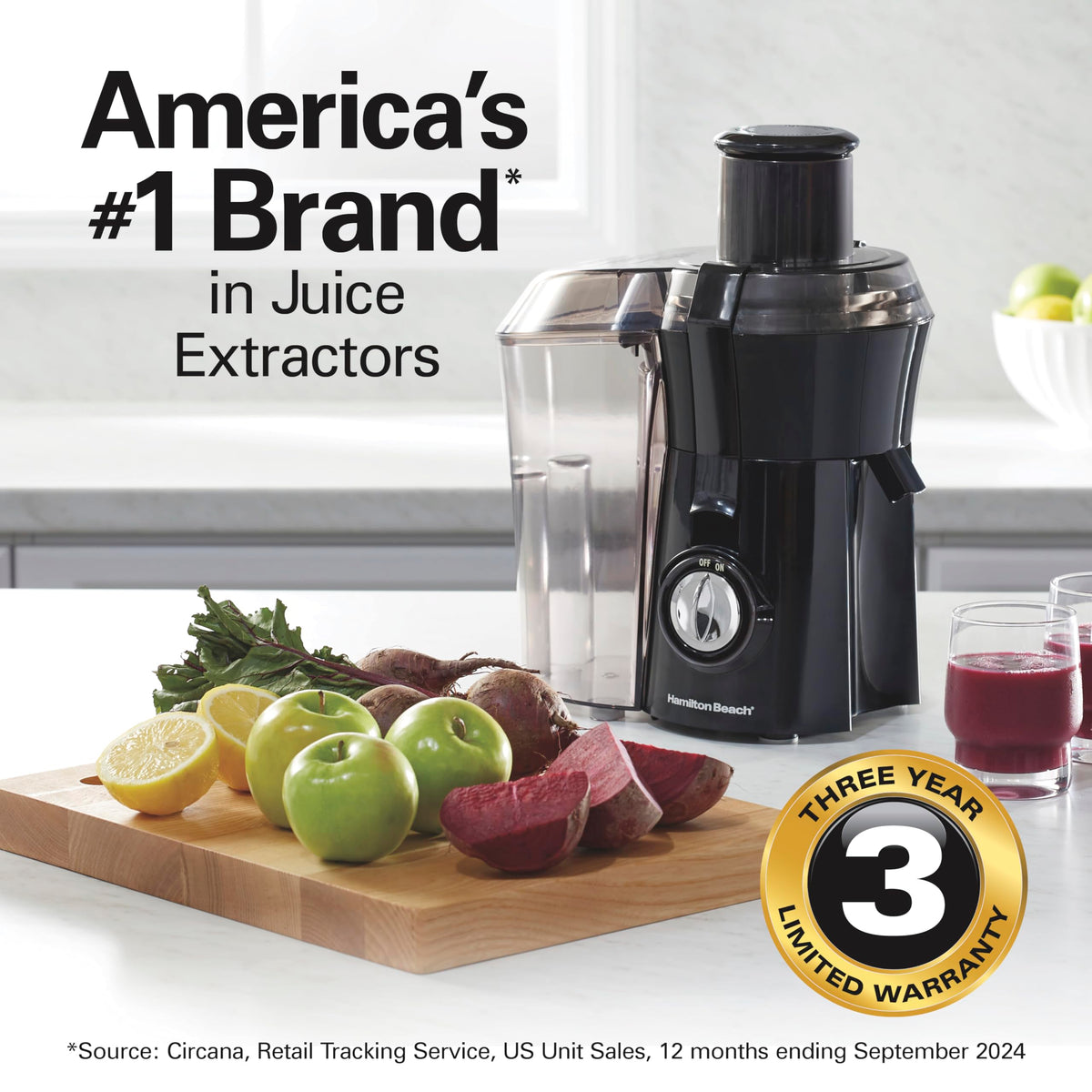 Hamilton Beach juicer 800W motor powers efficient juice extraction.