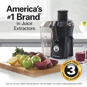 Hamilton Beach juicer 800W motor powers efficient juice extraction.