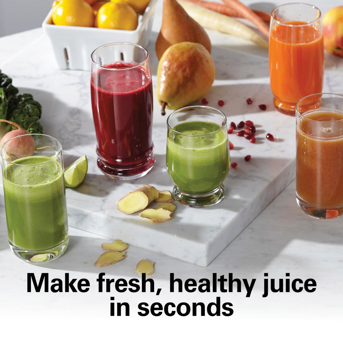 Hamilton Beach juicer with 800W motor powers through mixed produce efficiently.