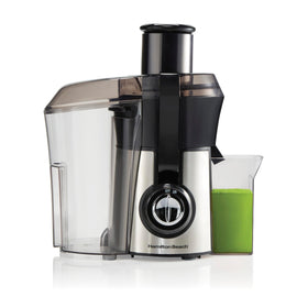 Hamilton Beach juicer shows a big mouth chute for whole-fruit juicing with minimal prep.