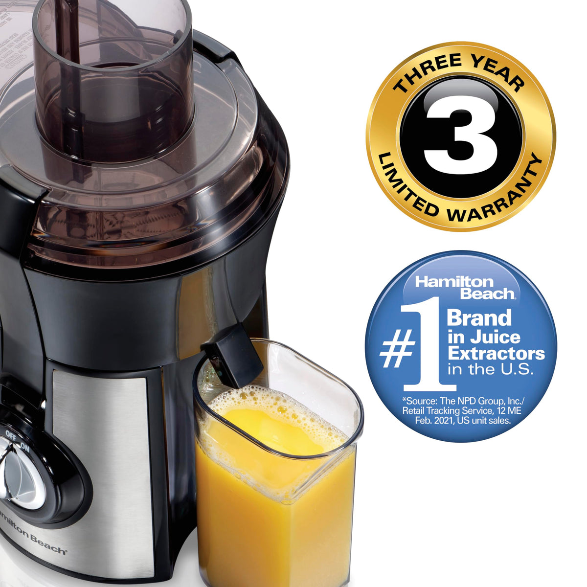 Hamilton Beach juicer centrifugal extractor delivers smooth juice with minimal pulp.