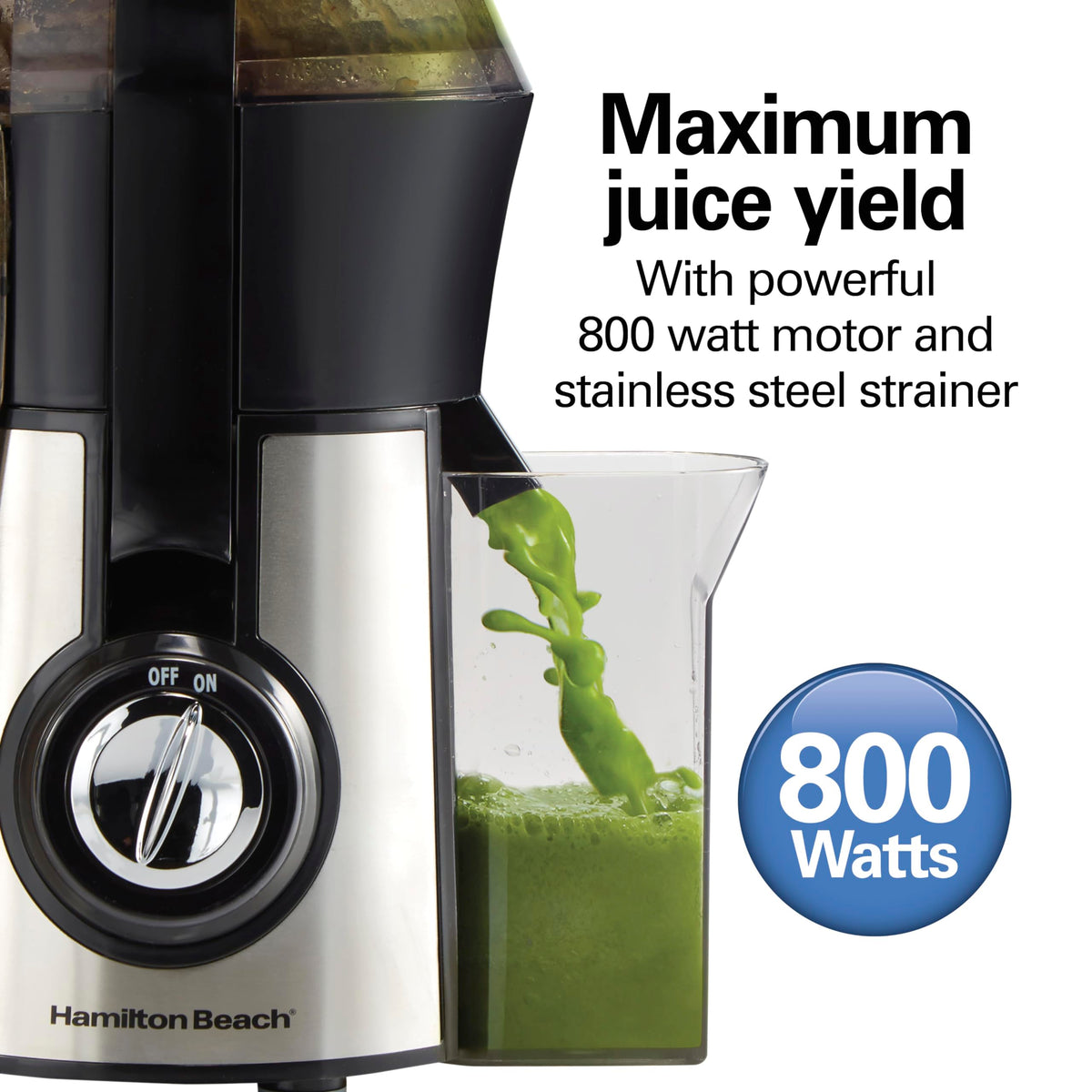 Hamilton Beach juicer with dishwasher-safe parts for easy cleanup after juicing.