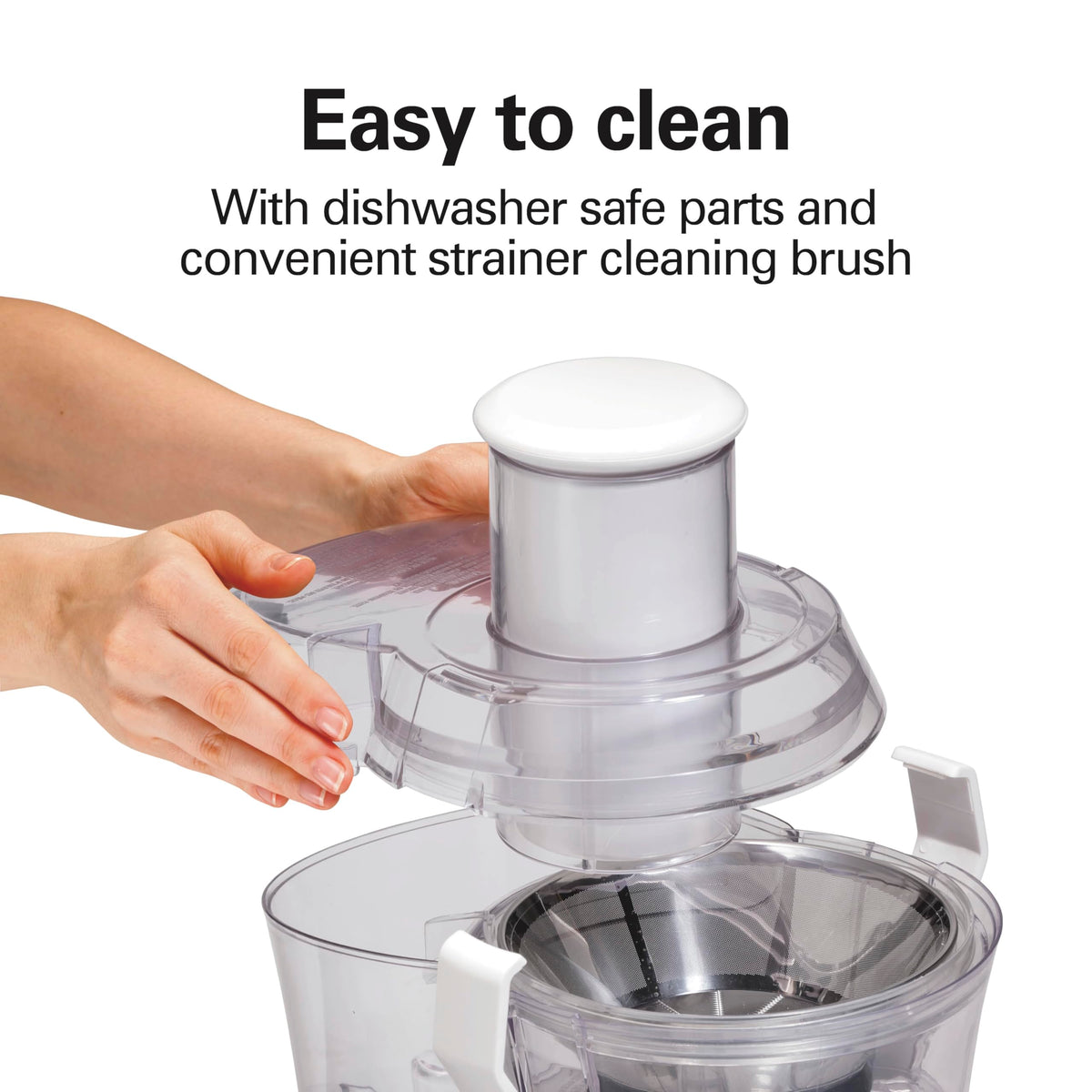 Hamilton Beach juicer pulp bin holds waste for a tidy countertop.