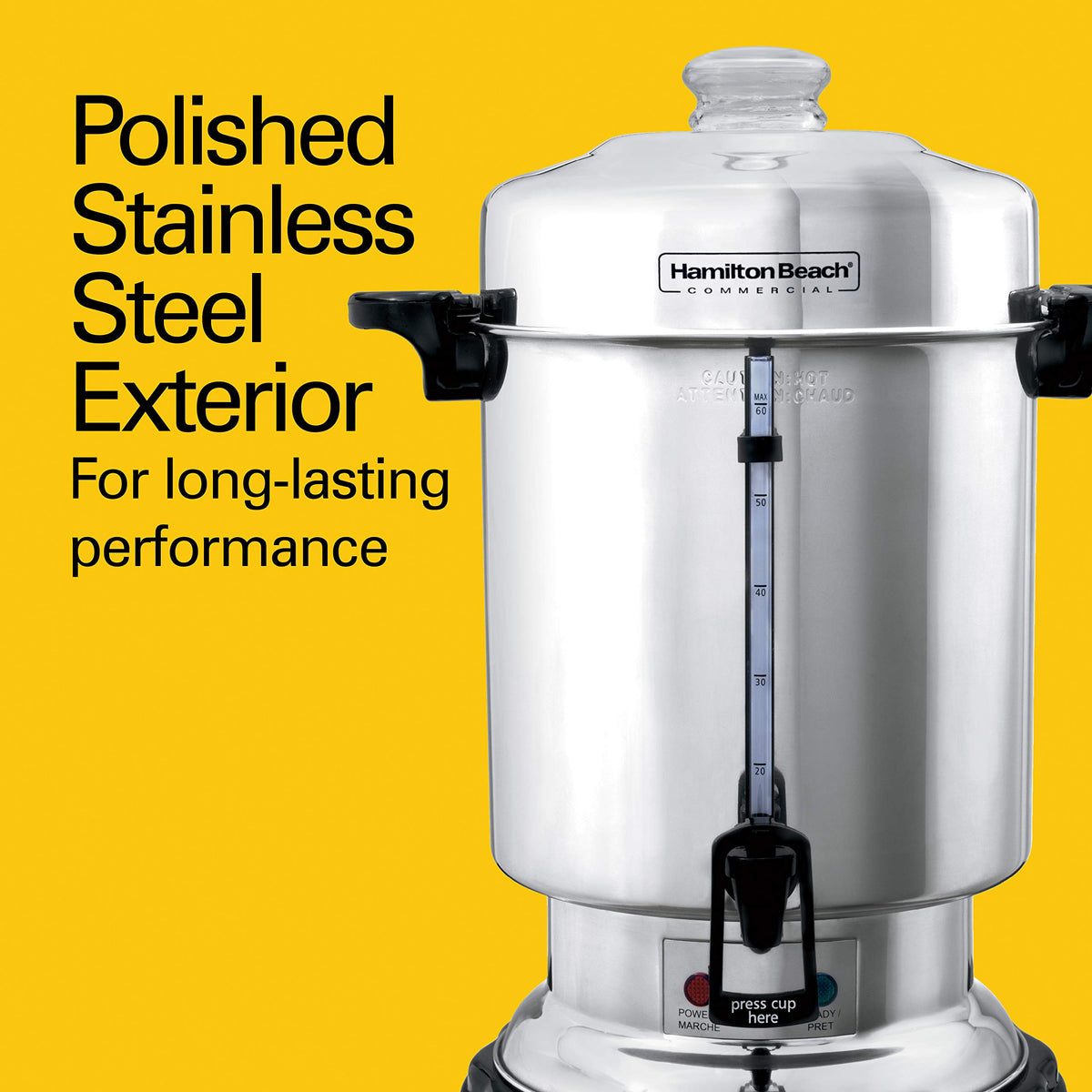 Hamilton Beach keep-warm heater urn helps maintain hot coffee throughout service