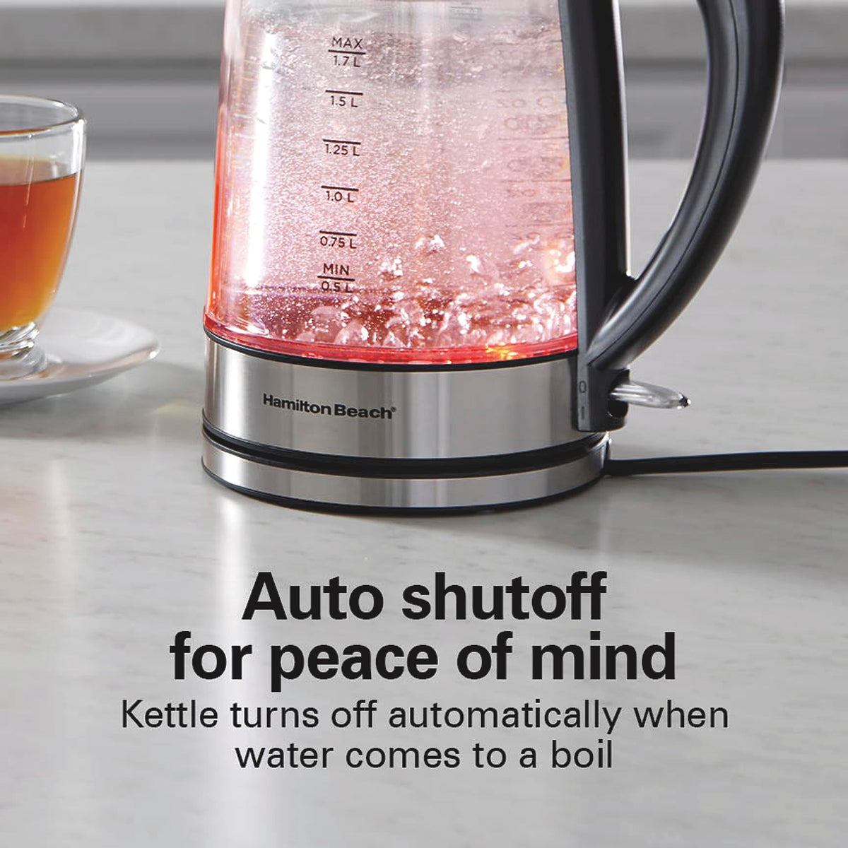 Hamilton Beach boil-dry protection safeguards the kettle when water runs low.