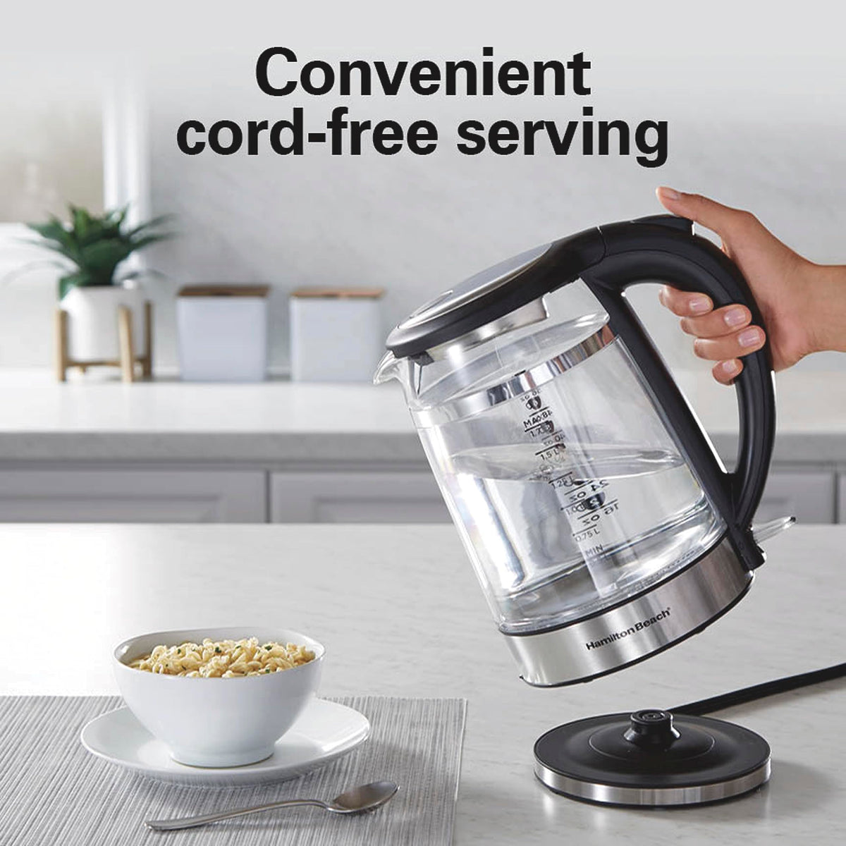 Hamilton Beach cordless serving for easy pouring without a cord in the way.