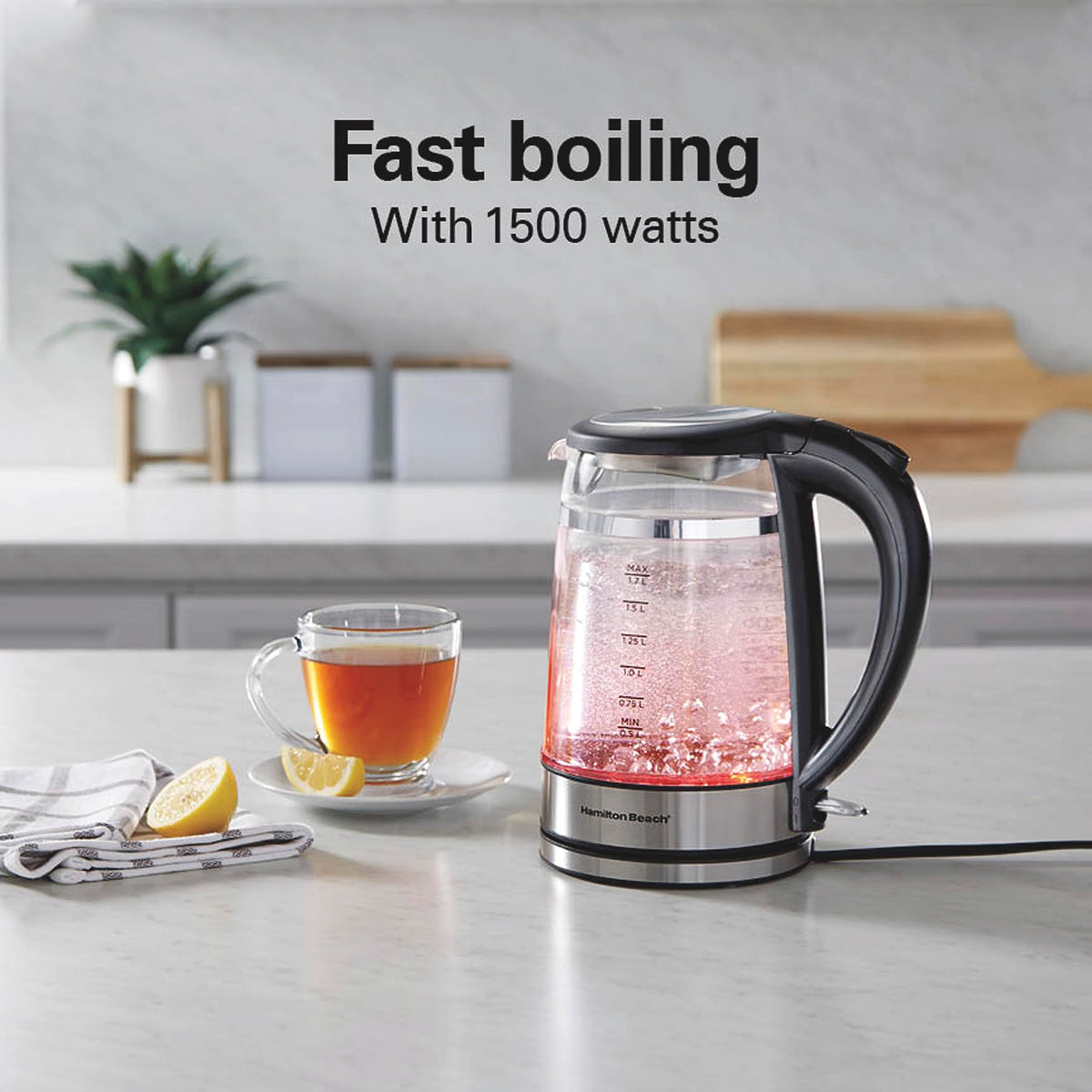 Hamilton Beach 1500W rapid boil delivers hot water fast for tea or noodles.
