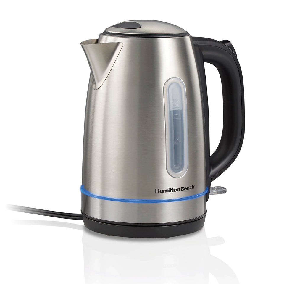 Hamilton Beach electric tea kettle with LED ring lights for easy monitoring while heating.