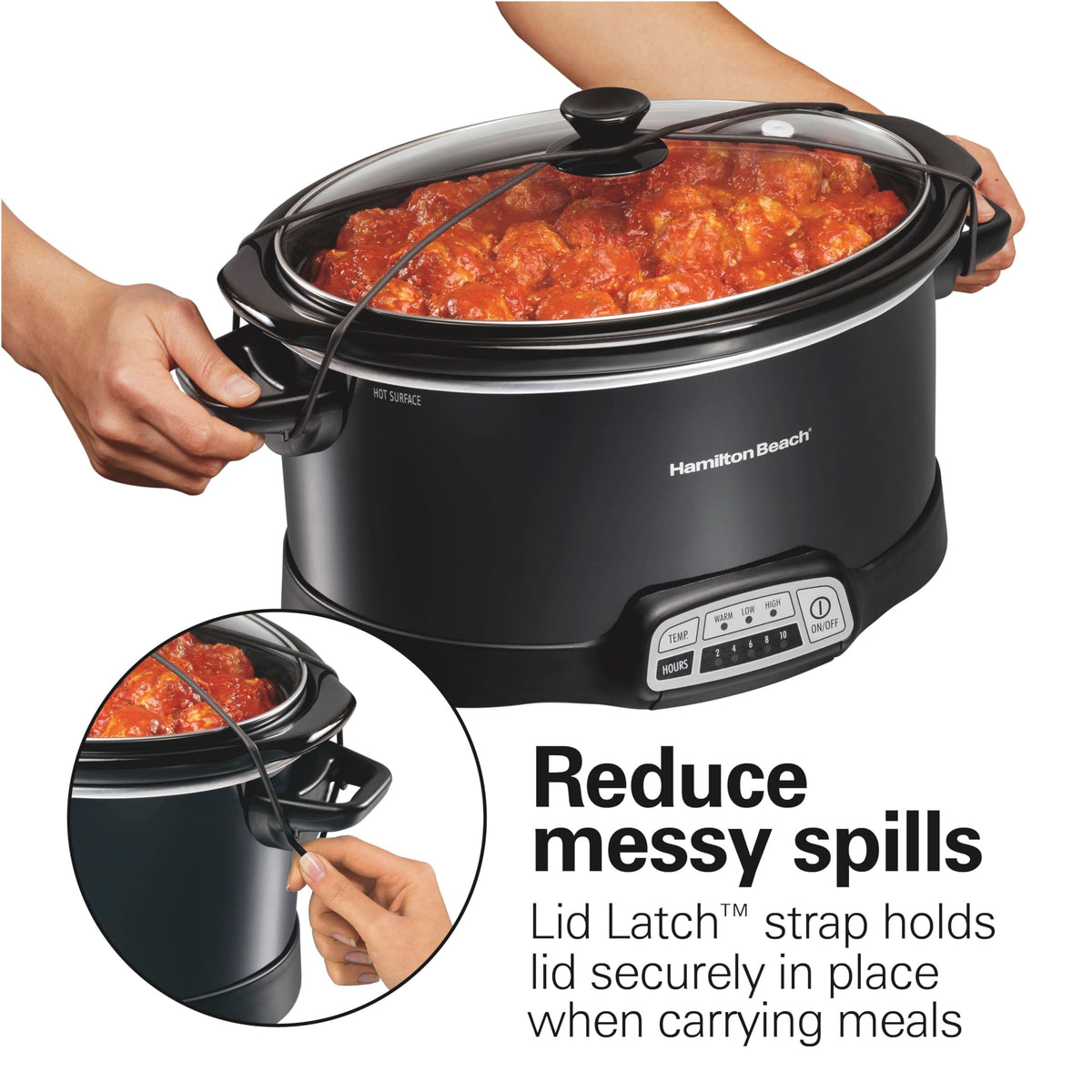 Hamilton Beach slow cooker with lid latch strap ready for transport
