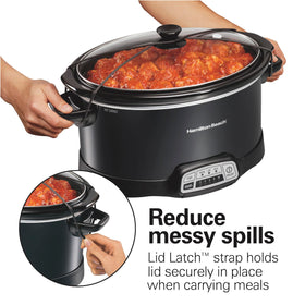 Hamilton Beach slow cooker with lid latch strap ready for transport
