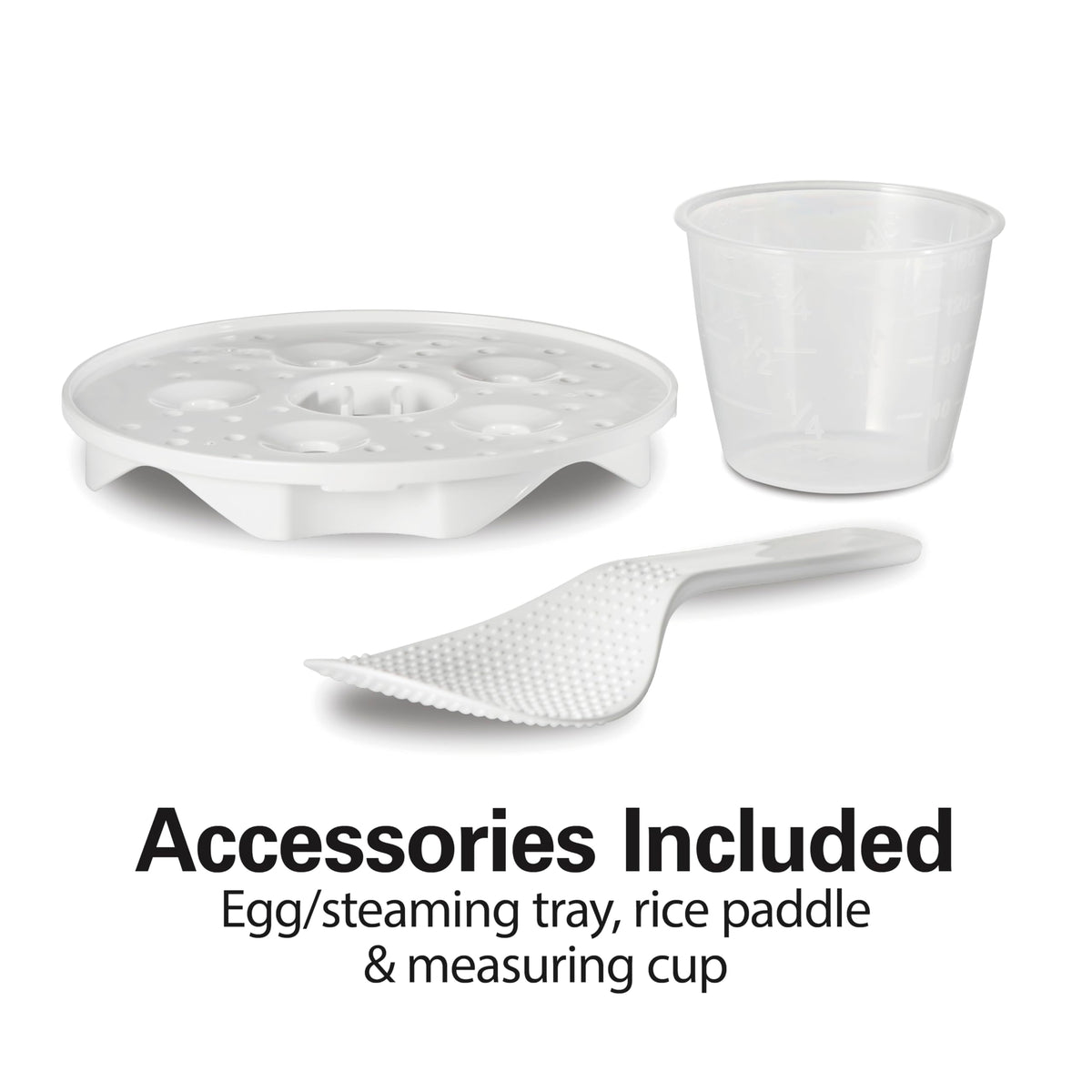 Hamilton Beach measuring cup and rice paddle included with the cooker