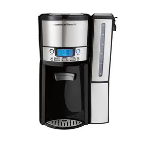 Hamilton Beach One Press coffee maker front view with quick-dispense capability for easy mornings.