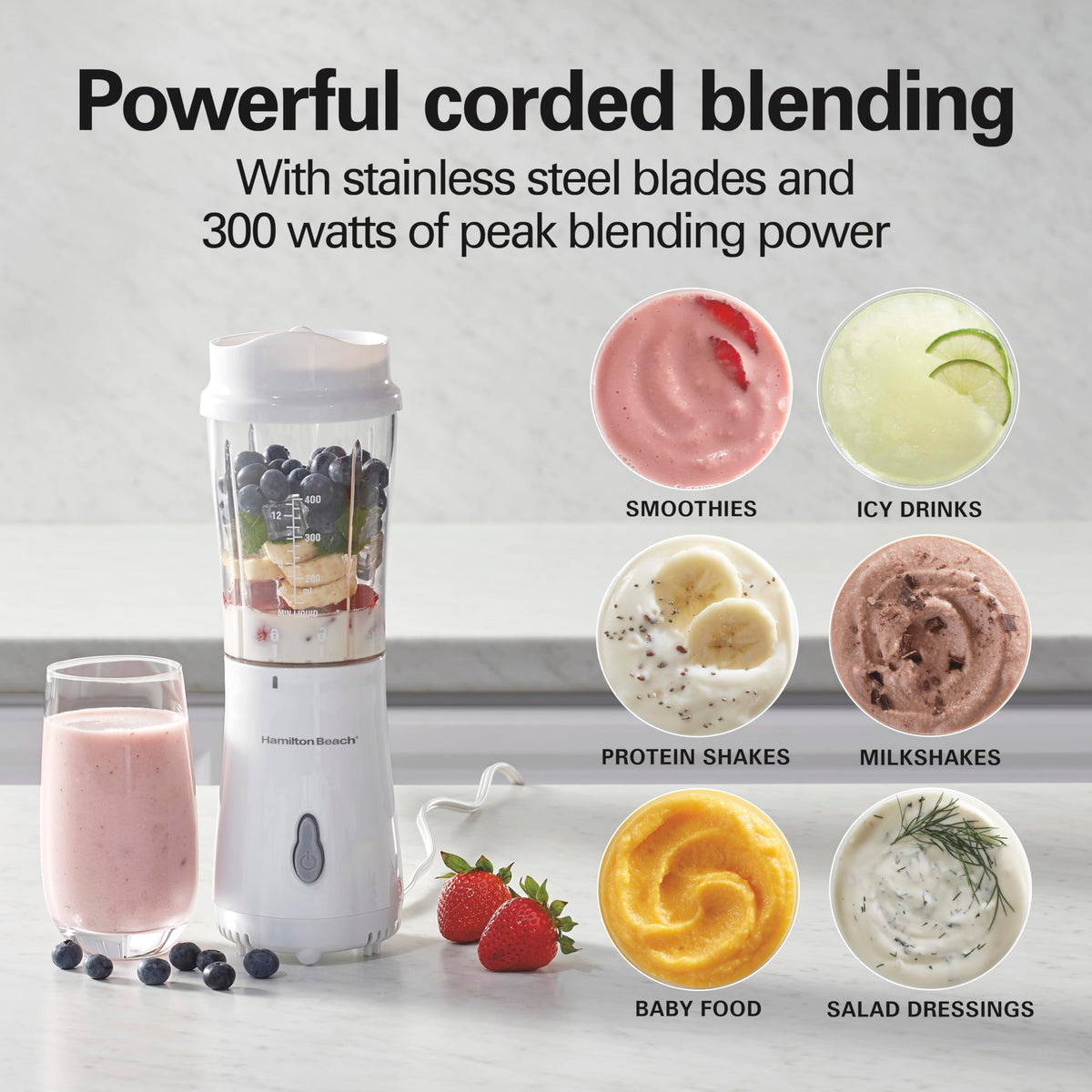 Hamilton Beach one-touch blending for quick, mess-free shakes on demand.