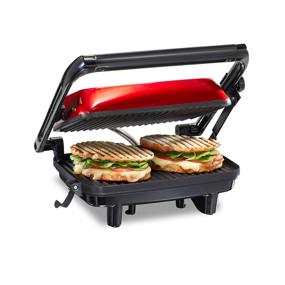 Hamilton Beach Panini Press shows 8x10 nonstick grids for even browning of sandwiches