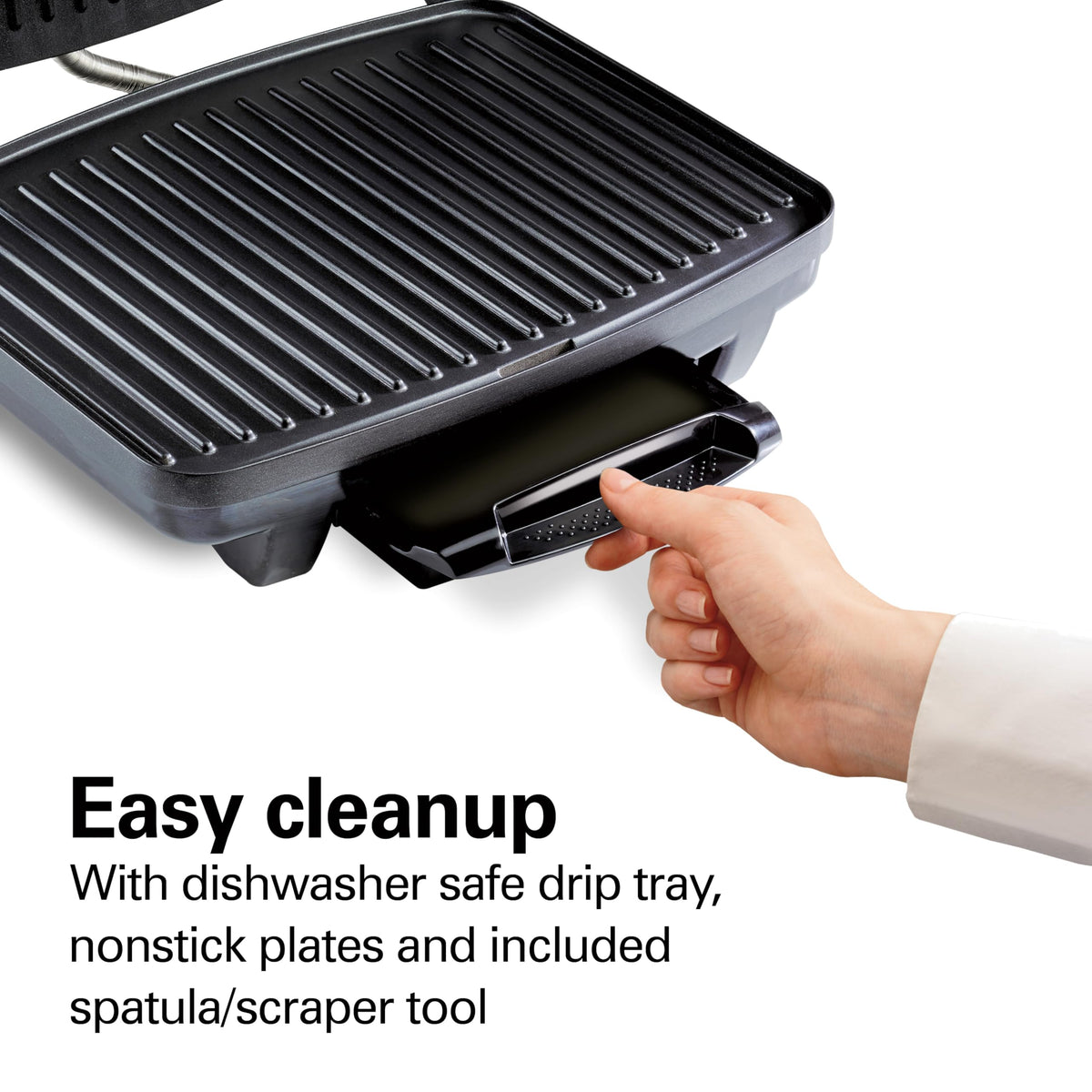 Dishwasher-safe drip tray on Hamilton Beach Panini Press for cleanup
