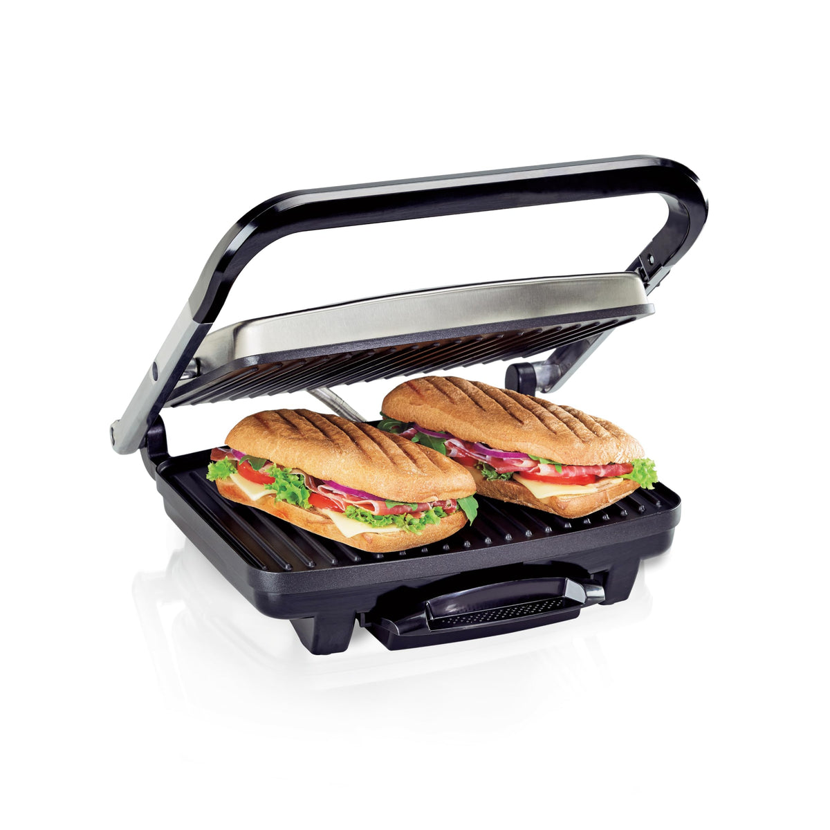 Hamilton Beach Panini Press with floating lid for even pressing across sandwich sizes