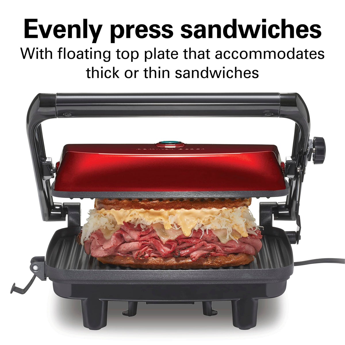 Hamilton Beach Panini Press green ready light indicating preheat completion