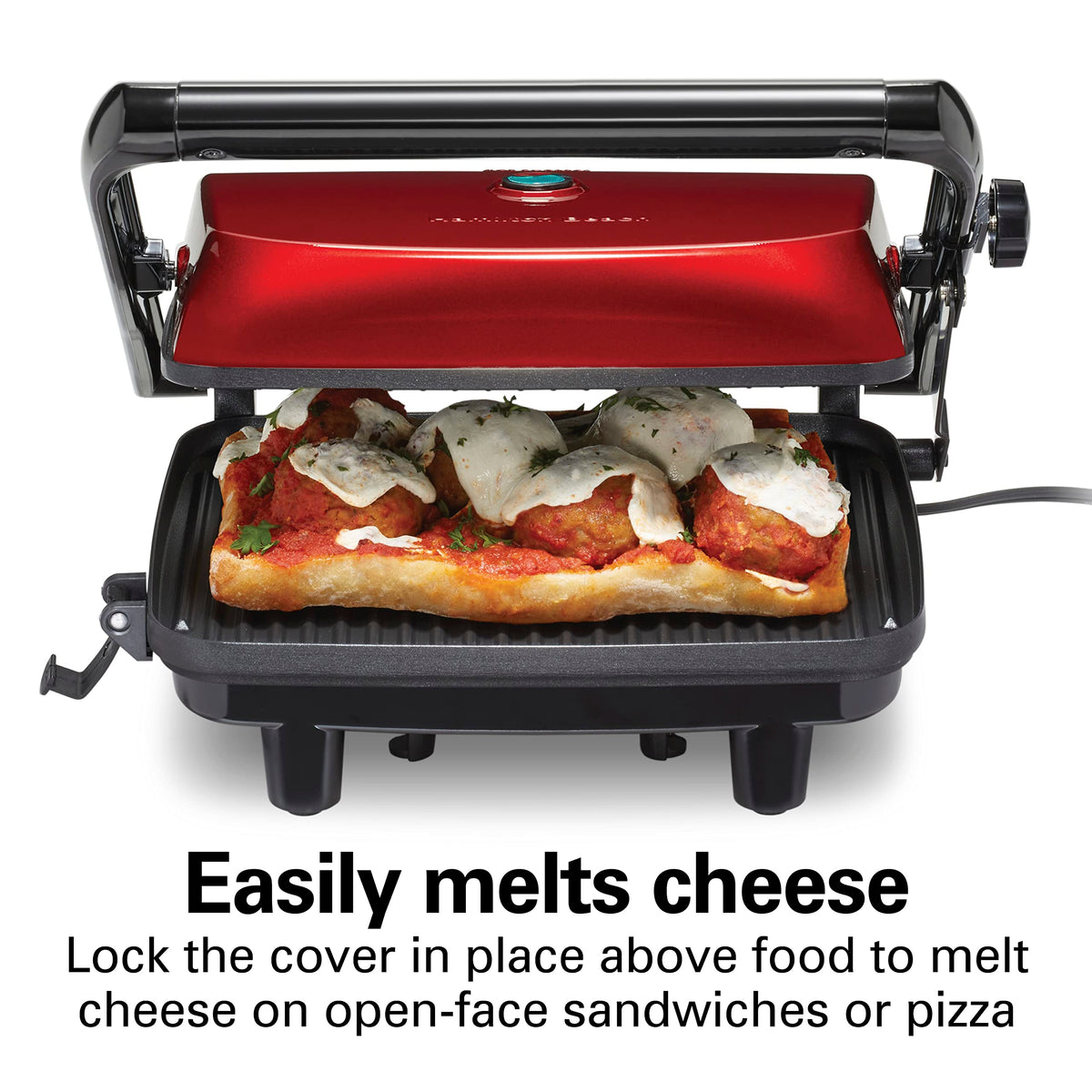 Hamilton Beach Panini Press lid lock enables bruschetta and open‑face servings