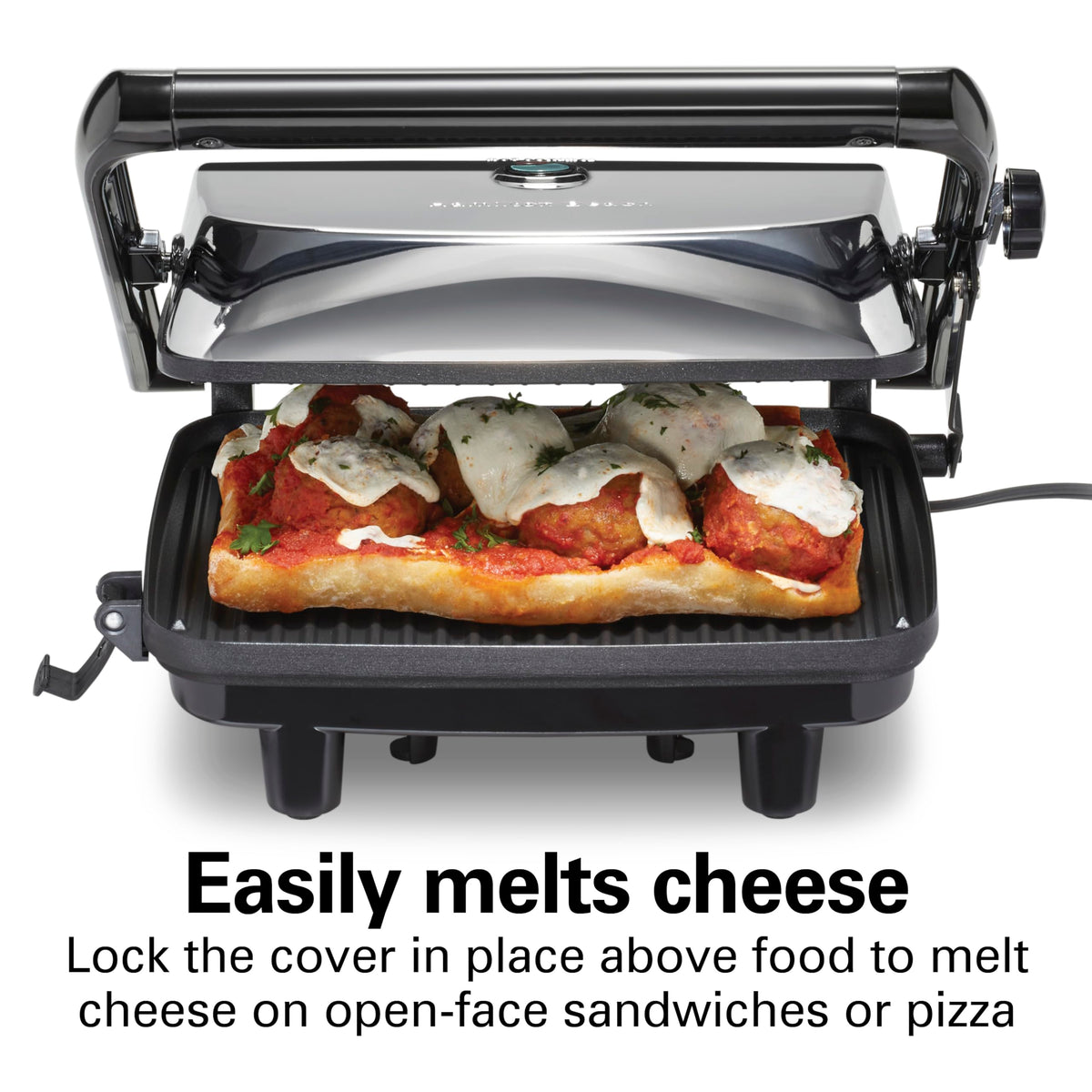 Hamilton Beach panini press locking lid supports bruschetta and open-face meals