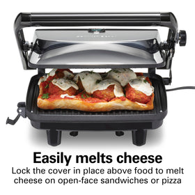 Hamilton Beach panini press locking lid supports bruschetta and open-face meals