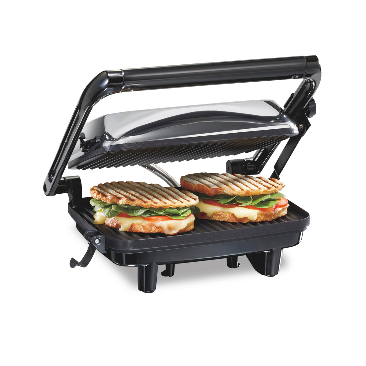 Hamilton Beach panini press top view with compact chrome design for countertops