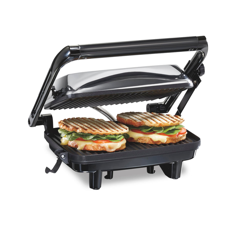 Hamilton Beach panini press top view with compact chrome design for countertops