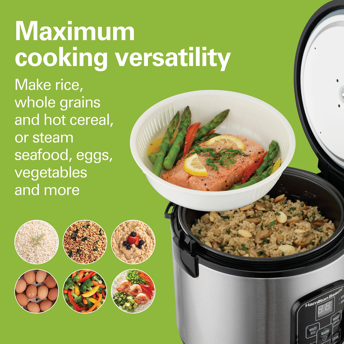 Hamilton Beach pot with PFAS-free ceramic nonstick coating for easy cleanup.