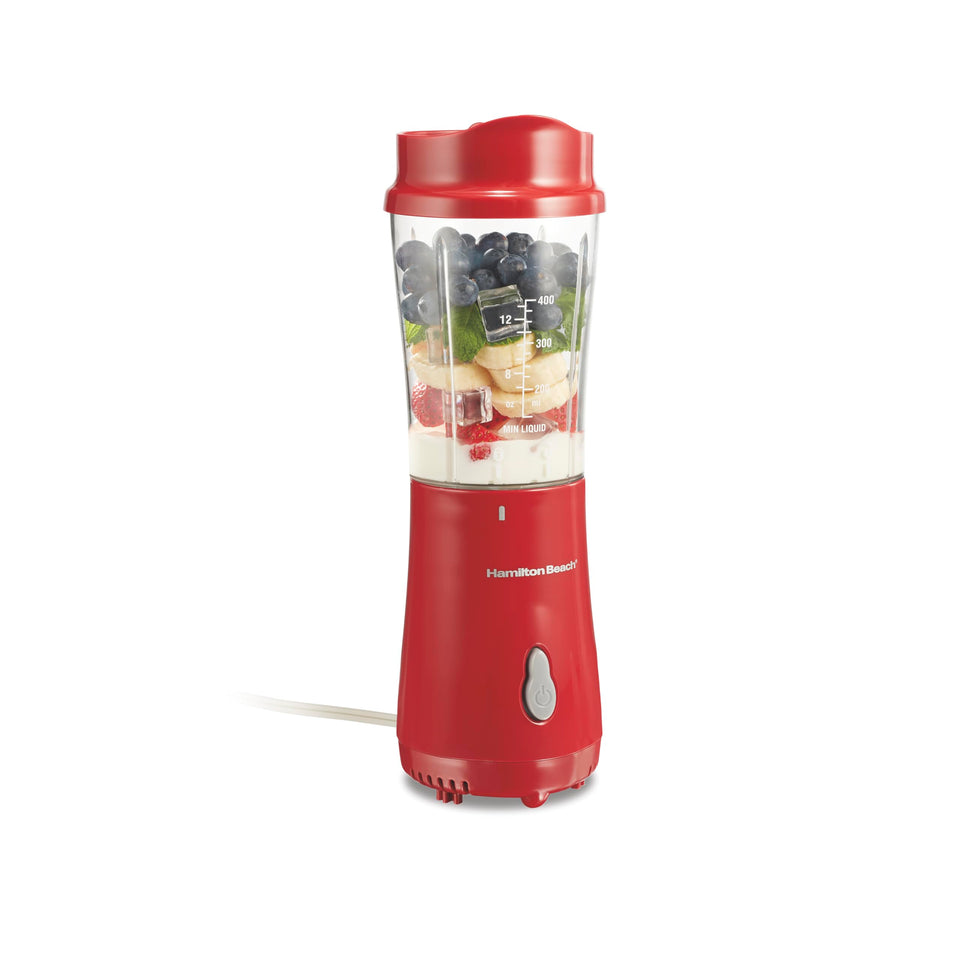 Hamilton Beach portable blender with 14 oz travel cup for on-the-go shakes.